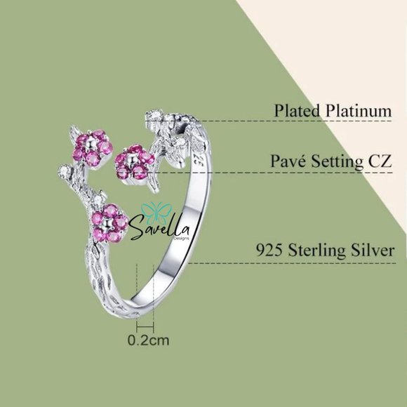 Resizable Cherry Blossom Ring Solid Sterling 925 Silver - Picture 3 of 3